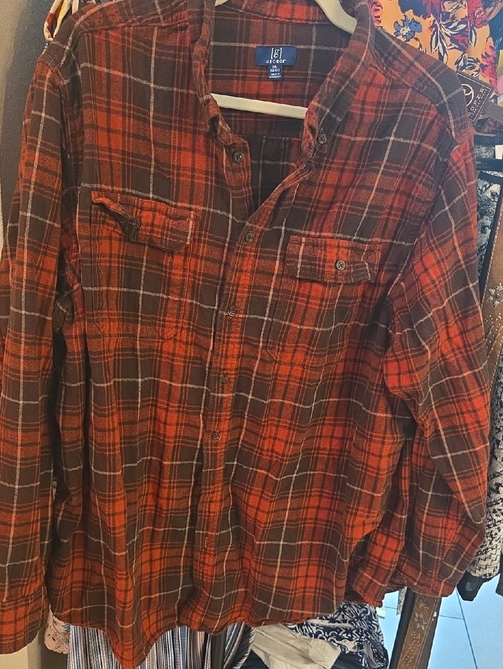 George Orange and Brown Plaid Long-Sleeve Button-Down Shirt
